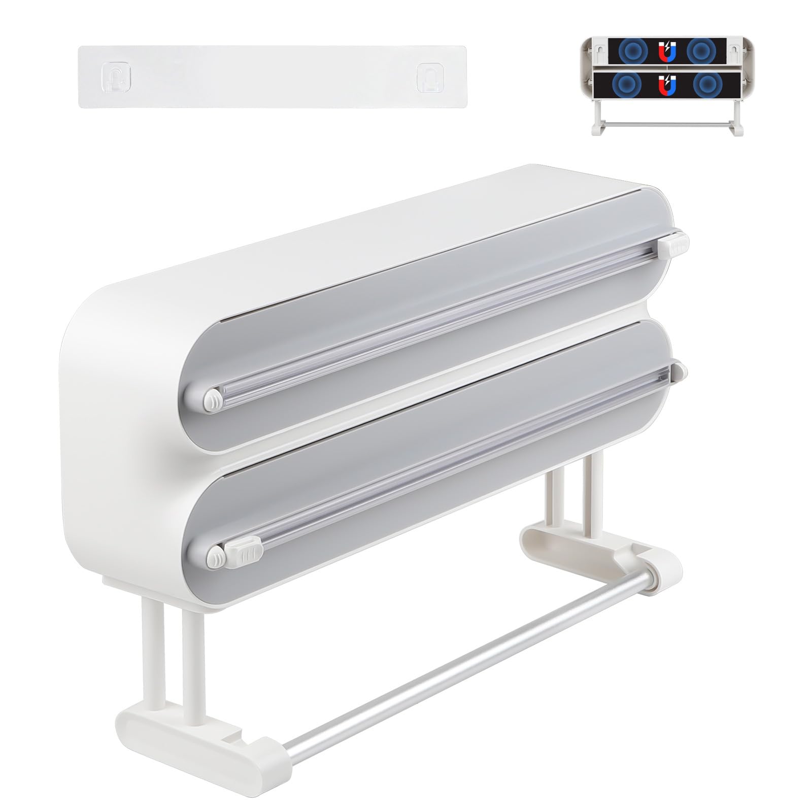 DBREAKS Wall Roll Holder Kitchen 3 Rolls Kitchen Roll Holder Magnetic Cling Film Cutter Cling Film Dispenser Aluminium Foil Dispenser Foil Cutter Foil Dispenser Films Paper Roll Holder