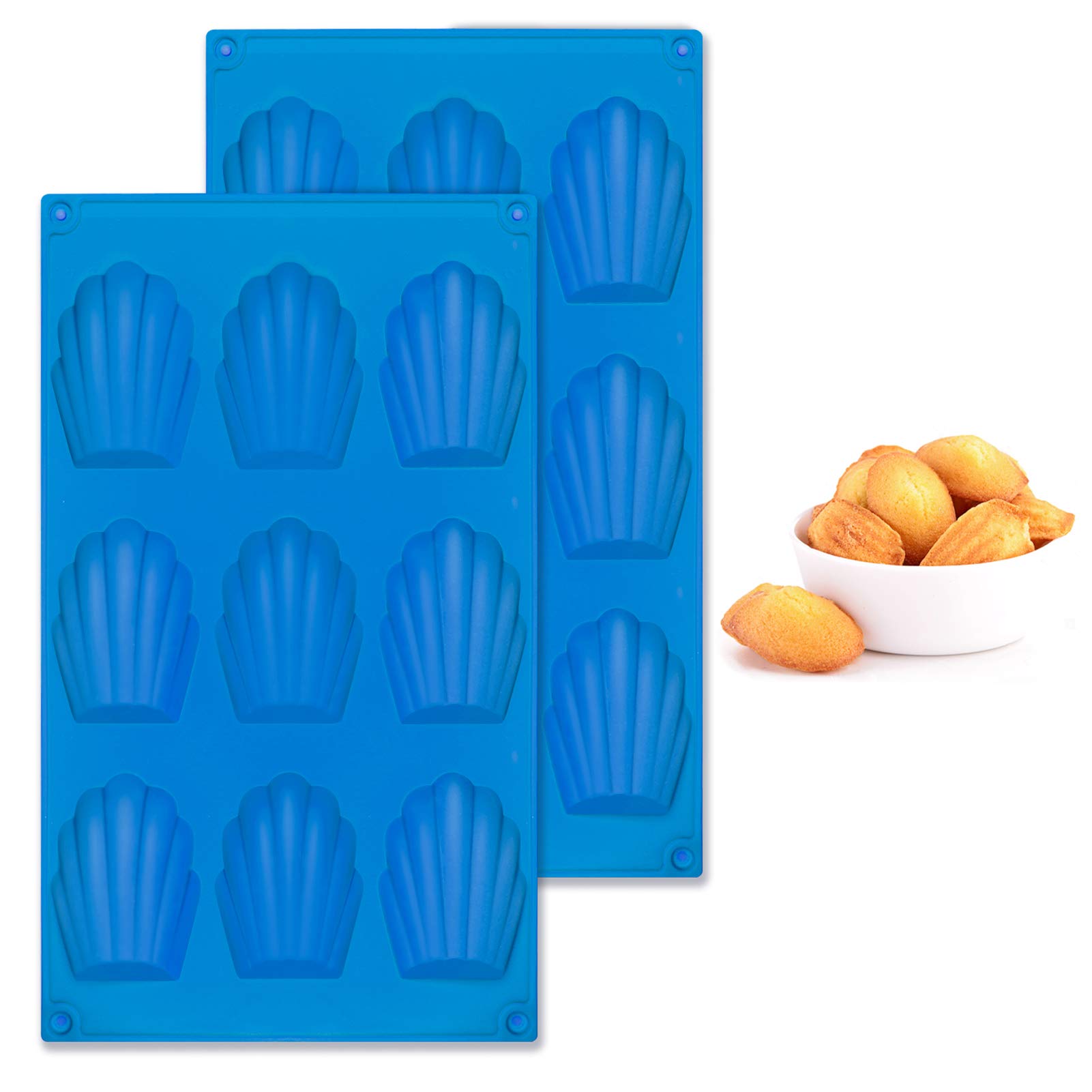 Honnesserry Madeleines Baking Tray 2pcs, 9 Cavities Silicone Non-Stick Madeleine Tray for Baking Cake, Biscuits (Blue)