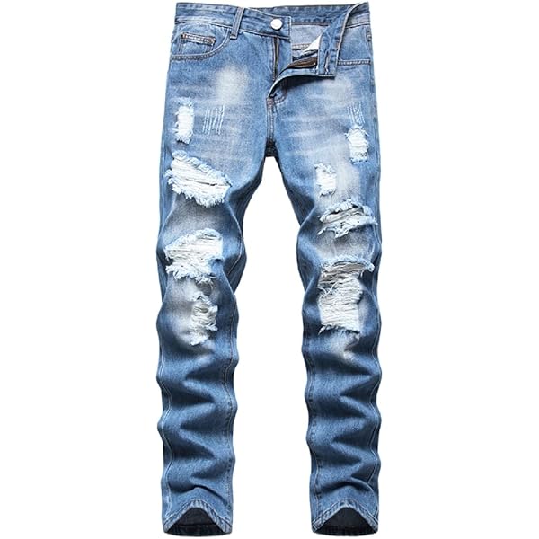 Men's Vintage Ripped Jeans Distressed Straight Fit Washed Denim