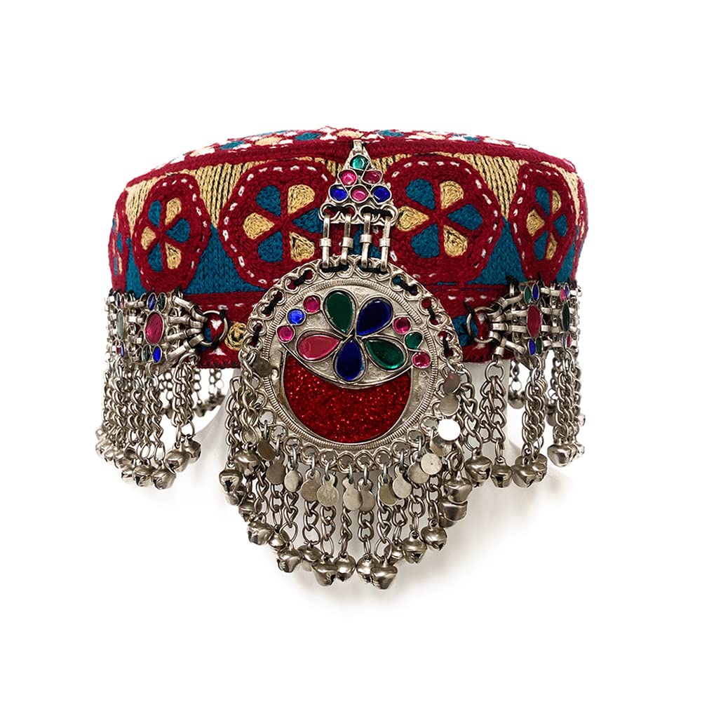 Duel On Jewel Turkman Ertuğrul Ghazi Halime Sultan Kayi Turkish Tribal Womens Multicolor Handmade Headpiece Vintage Antique Hat in Bells Pearls, Multicolor