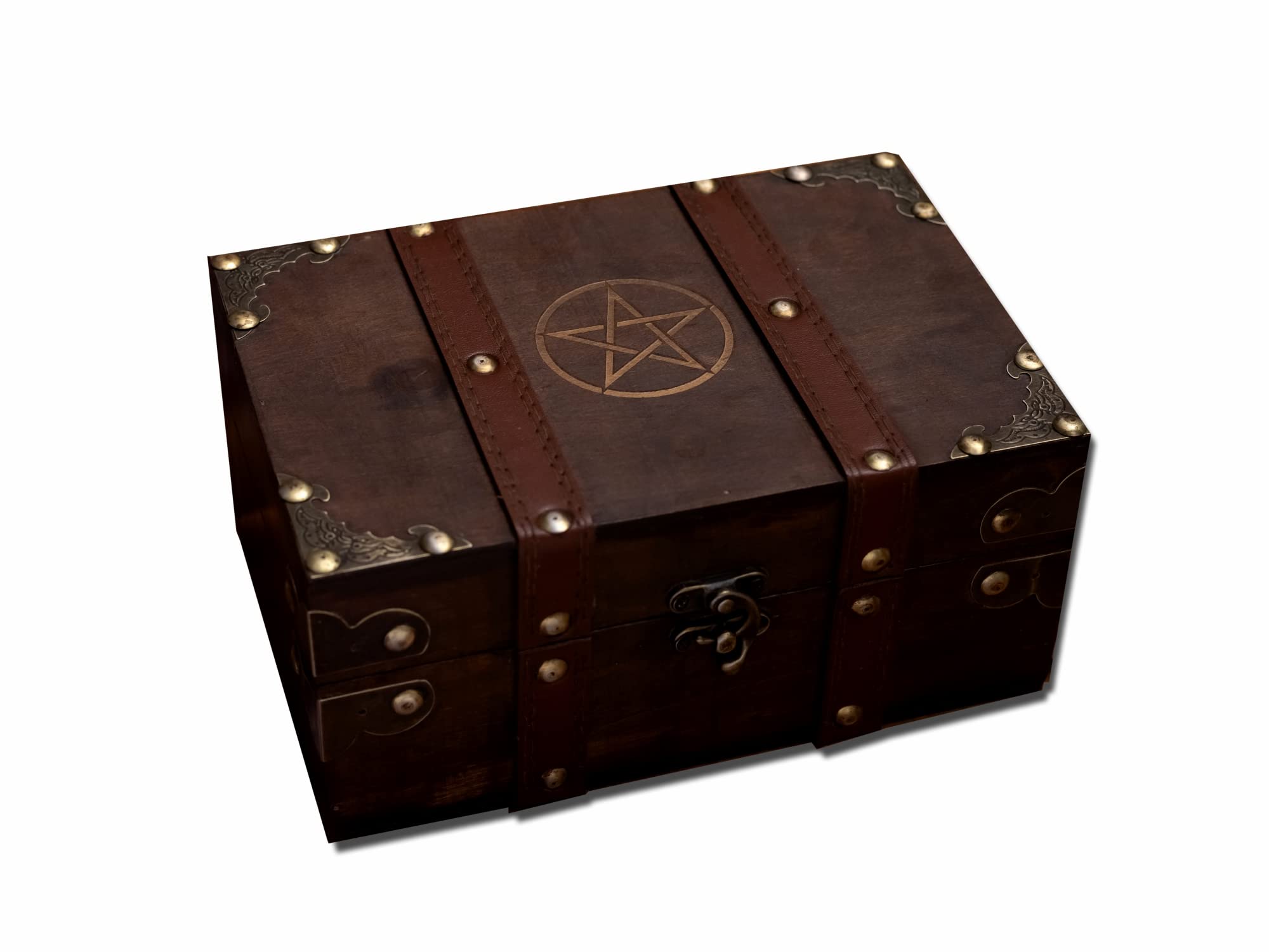 vuagmiv Wood and Leather Chest Box, Pentagram Engraved Wooden Box, Pentacle Wiccan Supplies and Tools Storage Box, with Velvet Lining Home Decor Keepsake Container