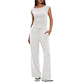 Darong Women 2 Piece Lounge Set Cap Sleeve Boat Neck Top Wide Leg Pants Set Summer Outfit Two Piece Travel Outfit
