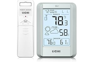 LICHI Indoor Outdoor Thermometer Wireless Weather Station External Thermometer Hygrometer Monitor with 330ft Range Remote Sensor, Battery Operated Backlit Display (Grey)