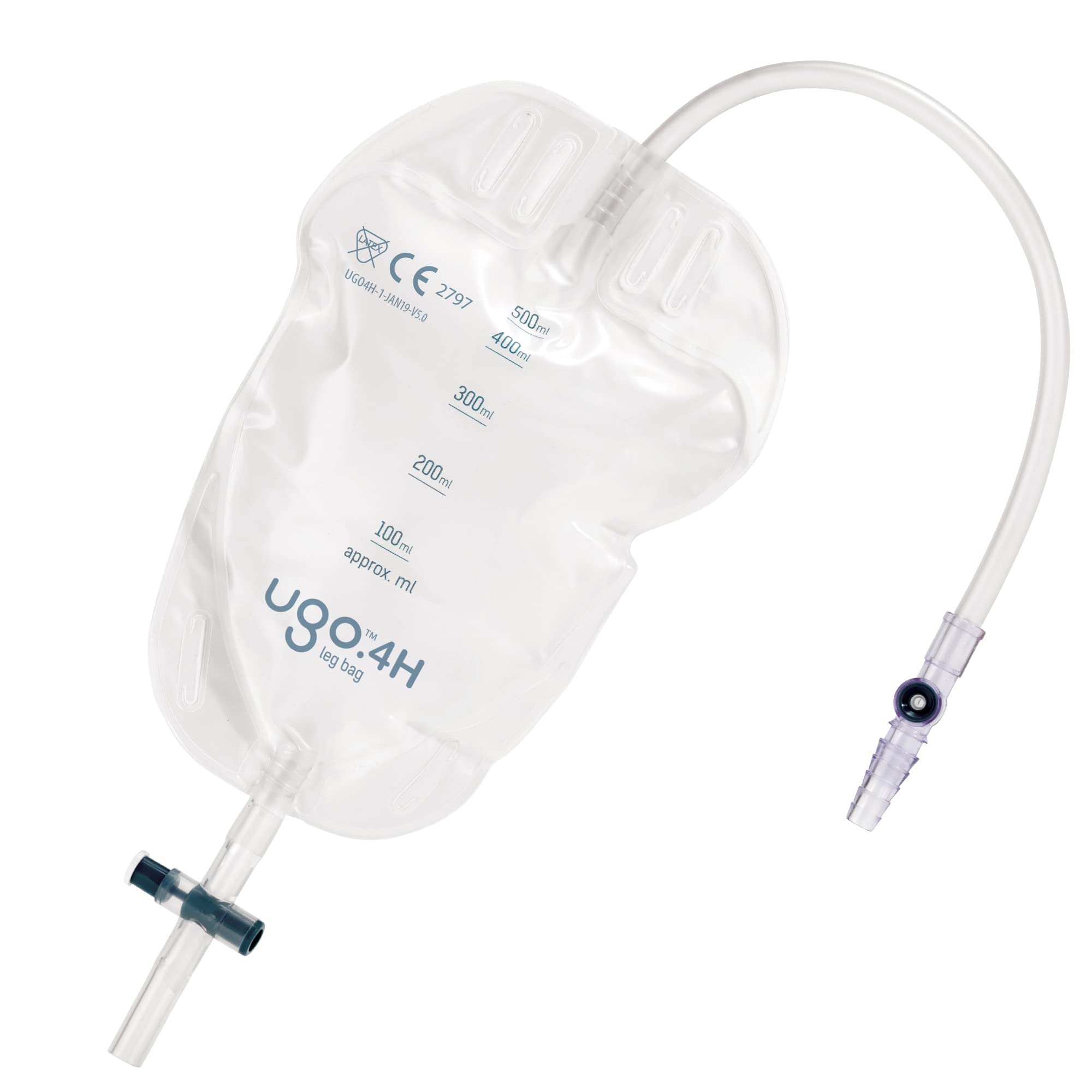 Ugo Leg Bags – Urine Drainage Bags/Catheter Leg Bags, T Tap or Lever Tap with Soft Fabric Backing and a Natural Leg-Shape Design (Pack of 10) (4H - 500ml, Long Tube, T Tap)