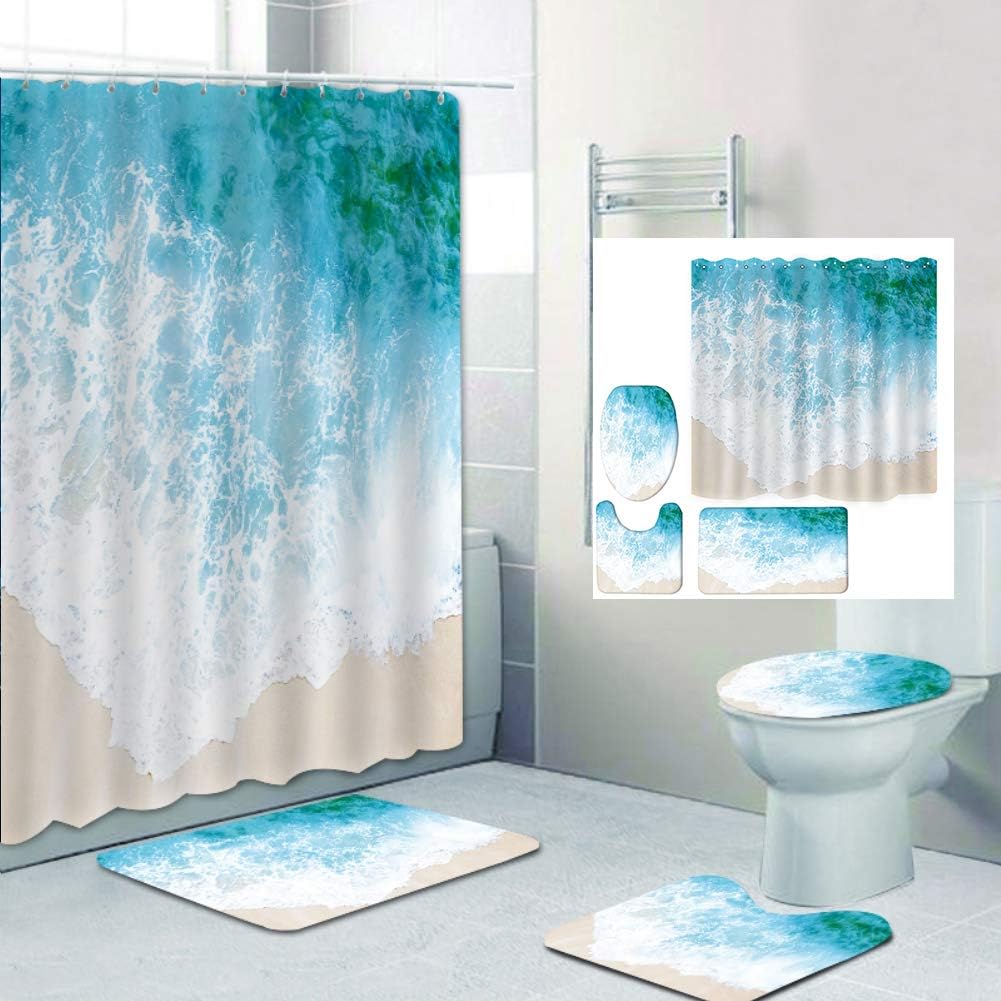 WAINEO Animal Scenery Printed Pattern Shower Curtain Set，4 Pcs Shower Curtain/Non-Slip Bathroom Rugs/Lid Toilet Cover/Bath Mat with 12 Hooks, Bathroom Sets Decor