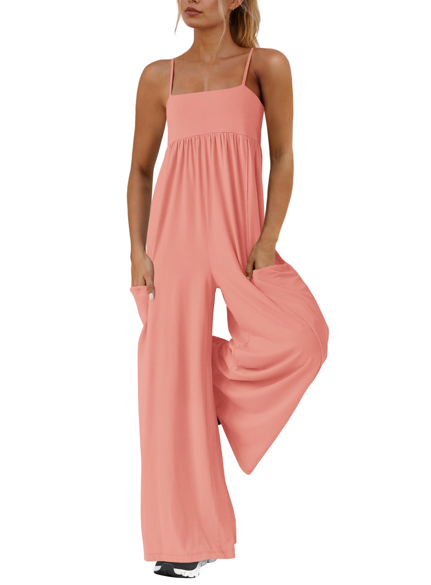 Photo 1 of Yanekop Womens Overalls Loose Fit One Piece Jumpsuits Wide Leg Jumpsuits Spaghetti Strap Summer Jumpsuit with Pockets(Pink Orange,M)