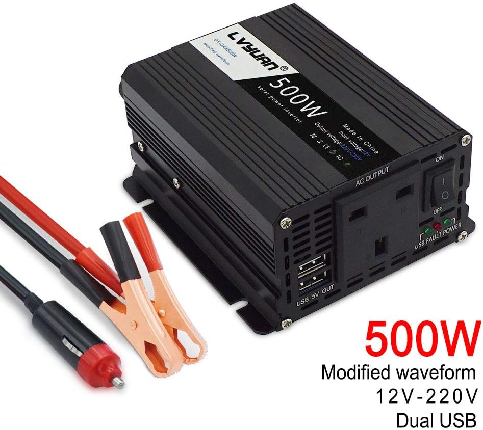 LVYUAN 500W Power Inverter DC 12V to 230V 240V AC Transformer Car Converter 12V with dual USB ports & UK Sockets Charger Lighter Adapter - Image 3