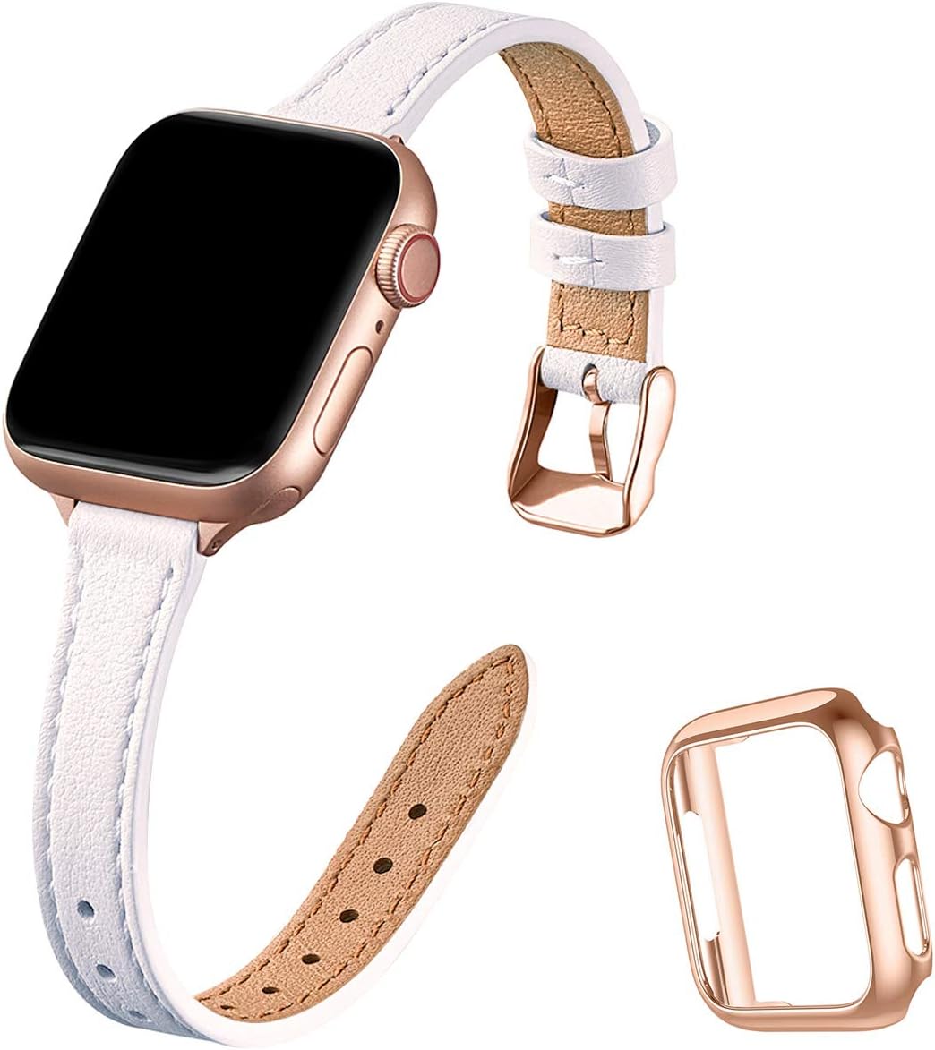 STIROLL Slim Leather Bands Compatible with Apple Watch Band 38mm 40mm 42mm 44mm, Top Grain Leather Watch Thin Wristband for iWatch SE Series 6/5/4/3/2/1 (White with Rose Gold, 42mm/44mm)