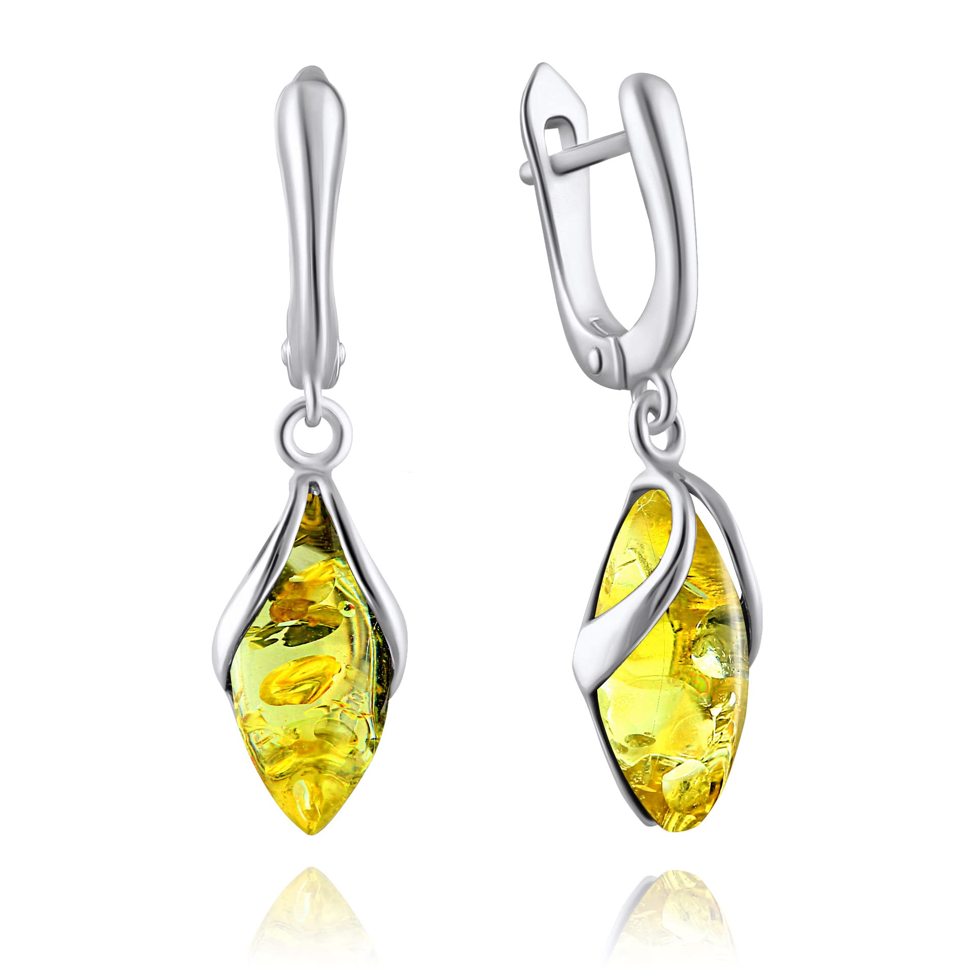 Amber Drop Earrings in Sterling Silver 925, Colour - Yellow Caramel, Pendant Earrings Silver 925 Amber, Summer 2021 Collection, S, Amber Silver, Amber