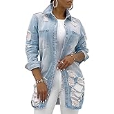 sexycherry Denim Jacket for Women Long Sleeve Classic Trucker Jeans Long Coat Outwear with Pockets