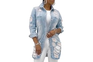 sexycherry Denim Jacket for Women Long Sleeve Classic Trucker Jeans Long Coat Outwear with Pockets