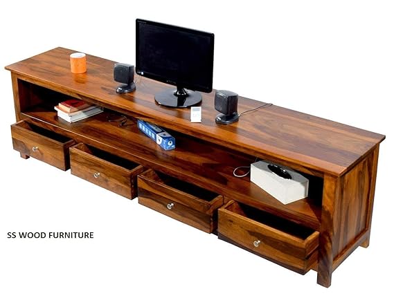 SS WOOD Furniture Sheesham Wood 1.96 Meter Dolly 4 Draw TV Unit Cabinet Entertainment Stand (Natural Teak Finish)