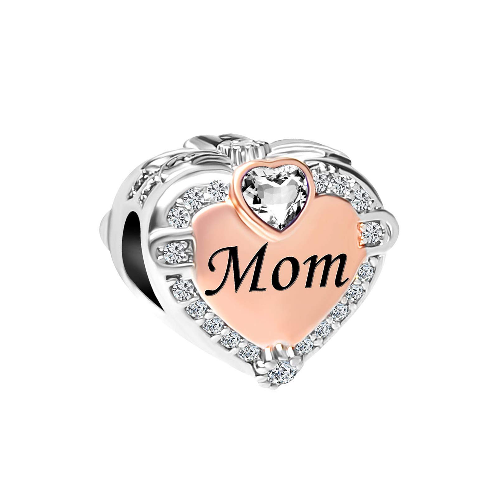 Mom Rose Gold Love Heart Charm fits Pandora Bracelets Christmas Birthday Jewellery Gift for Women Mother Mum Daughter Clear Cubic Zirconia