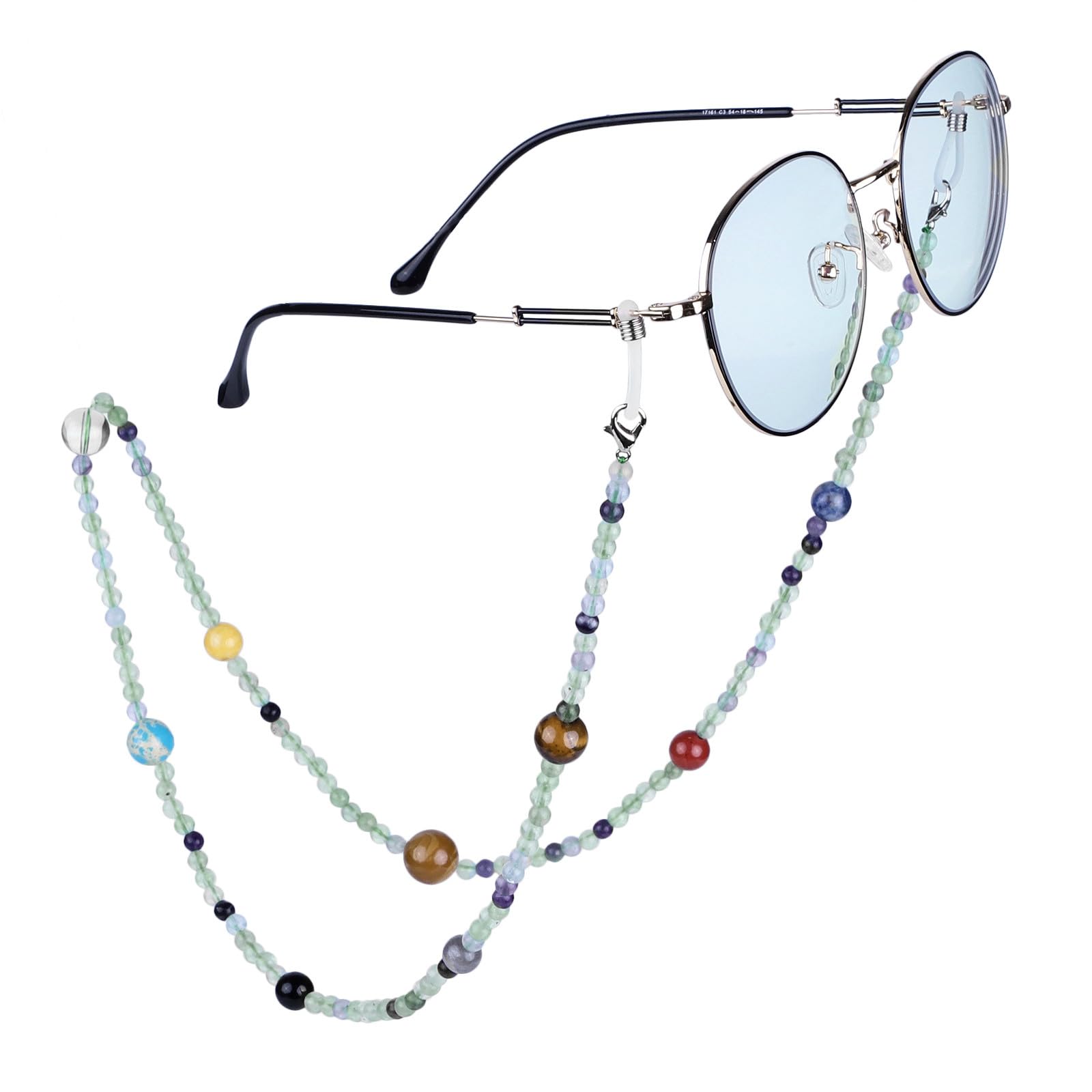 Nupuyai 9 Planets Fluorite Crystal Stone Beaded Eyeglass Chain for Women, Ladies Sunglass Chain Reading Glass Chain Beads Glasses Chain Face Mask Chain