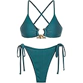 ZAFUL Women's Sexy Cutout Bikini Set High Cut Textured Metal Ring Cheeky Swimsuit Two Piece Bathing Suit