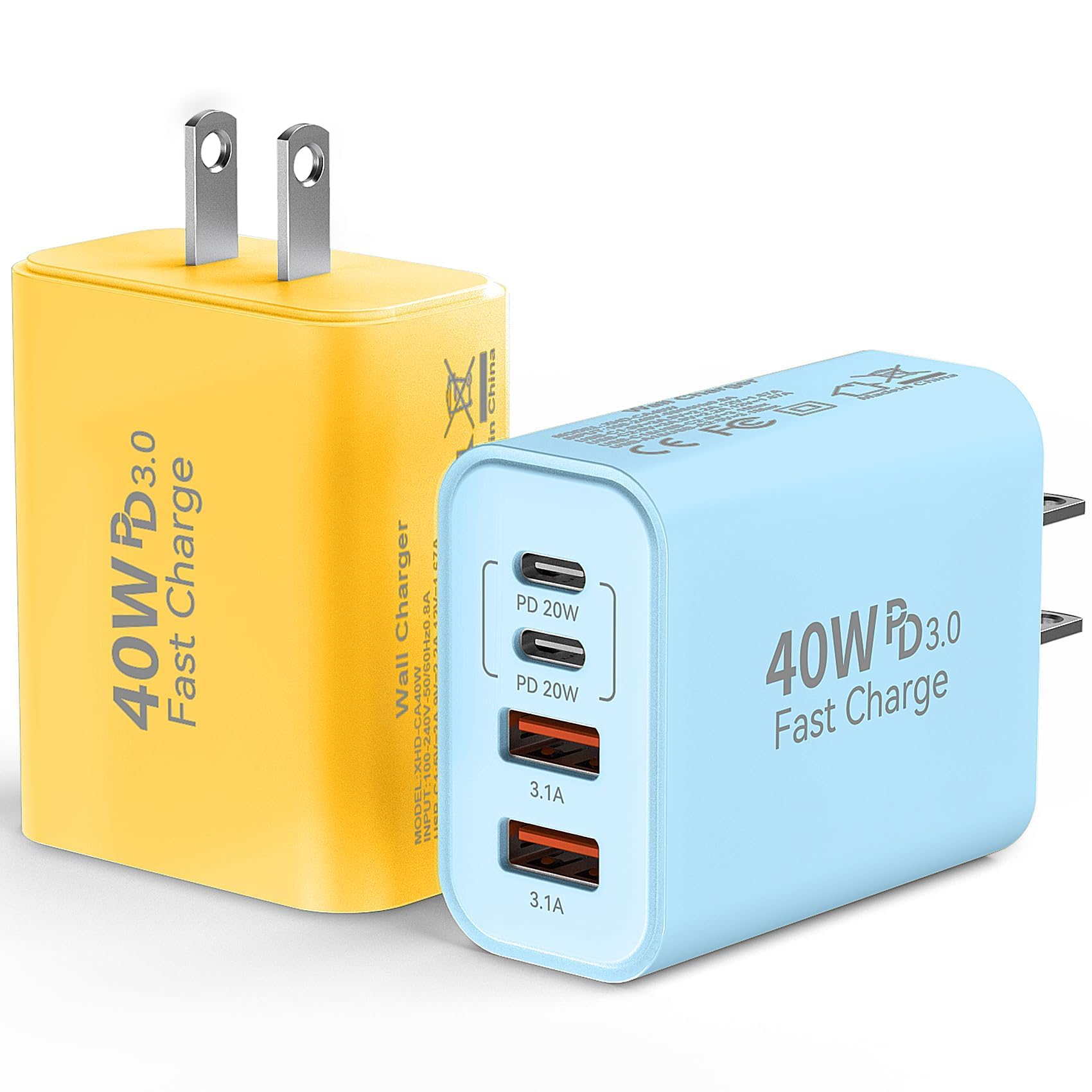 USB C Wall Fast Charger Block, 40W 4-Port Type C Chargers Fast Charging Blocks PD Power Charger Adapter+QC 3.0 USB Multiport Charger Brick for Phone 17/16/15/14/13/12 Pro Max, i-Pad, Galaxy S25-2Pack