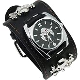 Vigorbee Good Leather Punk Skull Quartz Men's Wrist Watch,Big Dial Skull Women's Watch,Skull+Chains+Rivets Elements,Fashion Gift Watch Cool, Black