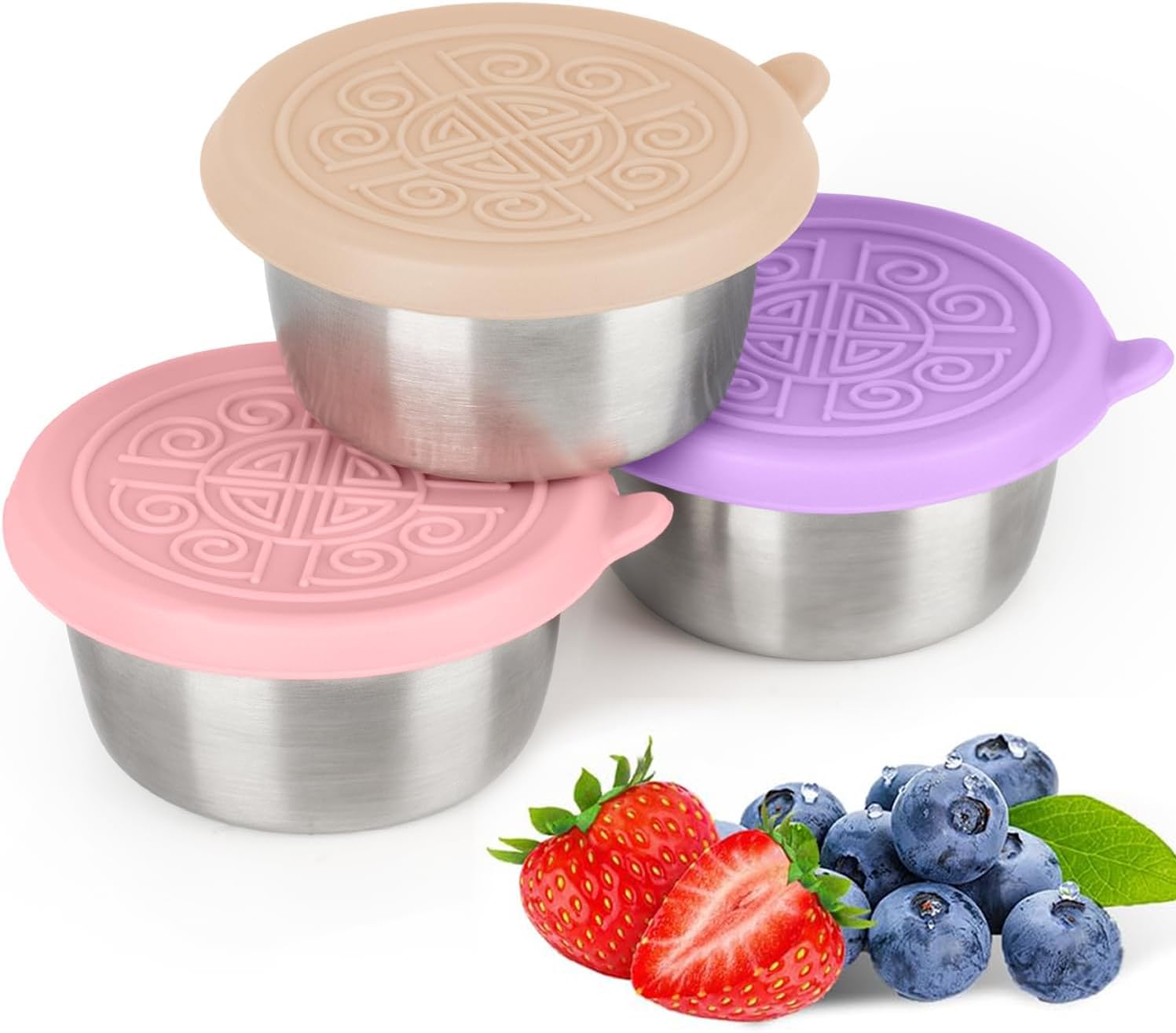 Photo 1 of QWEIDHI 3X1.6-ounce stainless steel salad dressing cup with leak-proof silicone lid, reusable sauce container, seasoning box, lunch box accessory, children's snack dispensing can