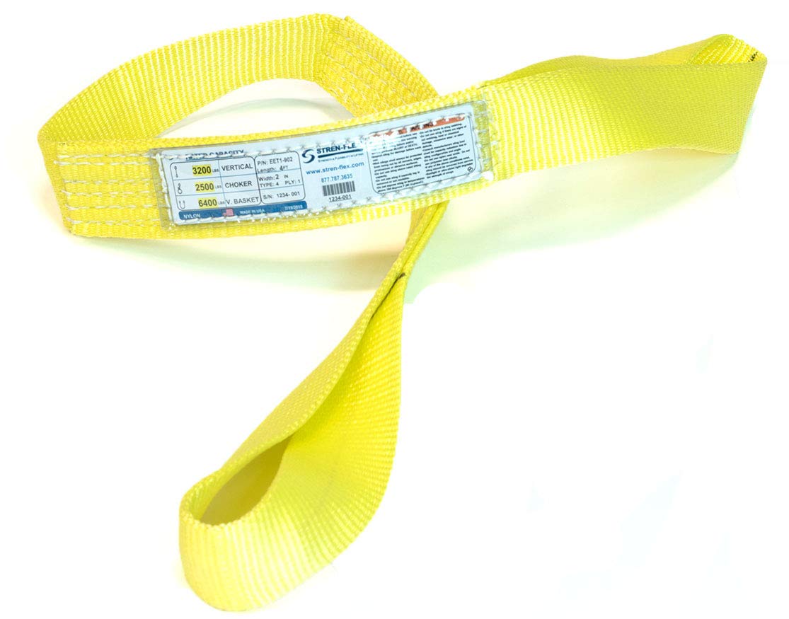 Stren-Flex EET1-902-17 Type 4 Heavy Duty Nylon Twisted Eye and Eye Web Sling, 1 Ply, 3200 lbs Vertical Load Capacity, 17' Length x 2" Width, Yellow: Industrial Web Slings: Industrial & Scientific