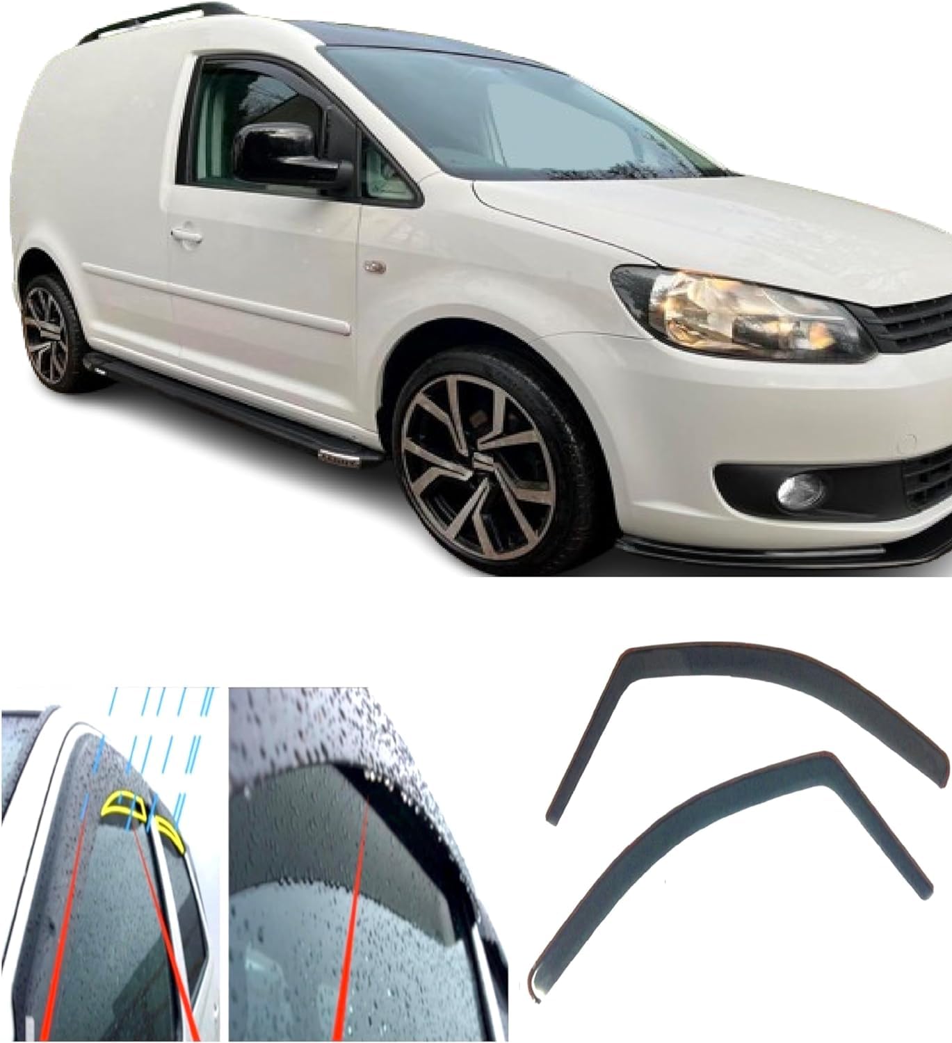 AC WOW 2x Rain Wind Deflectors compatible with Volkswagen CADDY 2003-2015 Sun Visors Weather Shields