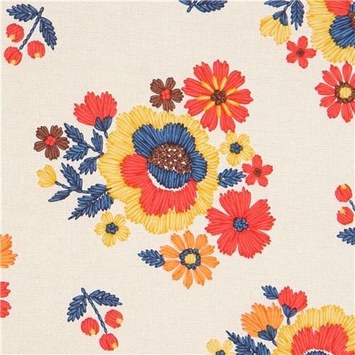 Flower yellow red oxford natural color fabric by Kokka (per 0.5 yard units)