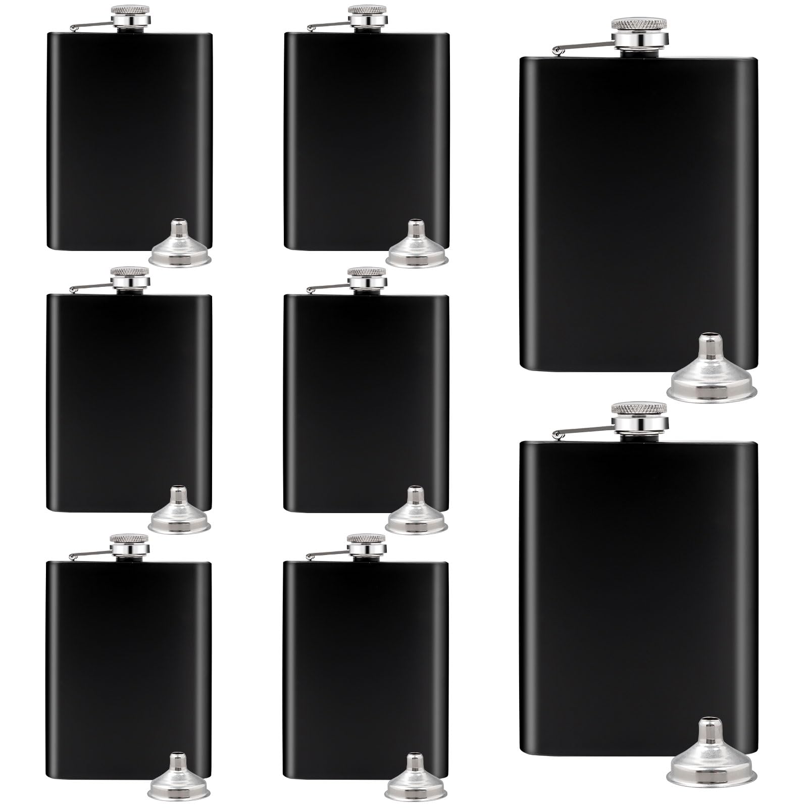 8 Pack 8 Oz Hip Flask for Liquor Matte Black Stainless Steel Leakproof with 8 Funnel for Gift, Fishing, Camping, Hunting, Hiking, Wedding Party, Traveling(Black)