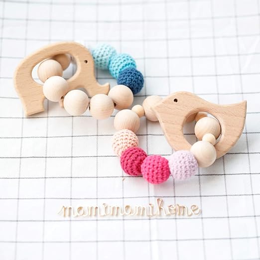 Mamimami Home 2pc Baby Wooden Teethers Organic umweltfreundliche Holz Elefant Vogel geformt Kinderkrankheiten Nursing Armband