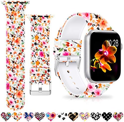 Merlion Compatible With Apple Watch Band 38mm 42mm 40mm 44mm For Women/Men,Silicone Fadeless Pattern Printed Replacement floral Bands for iWatch Series 4/3/2/1
