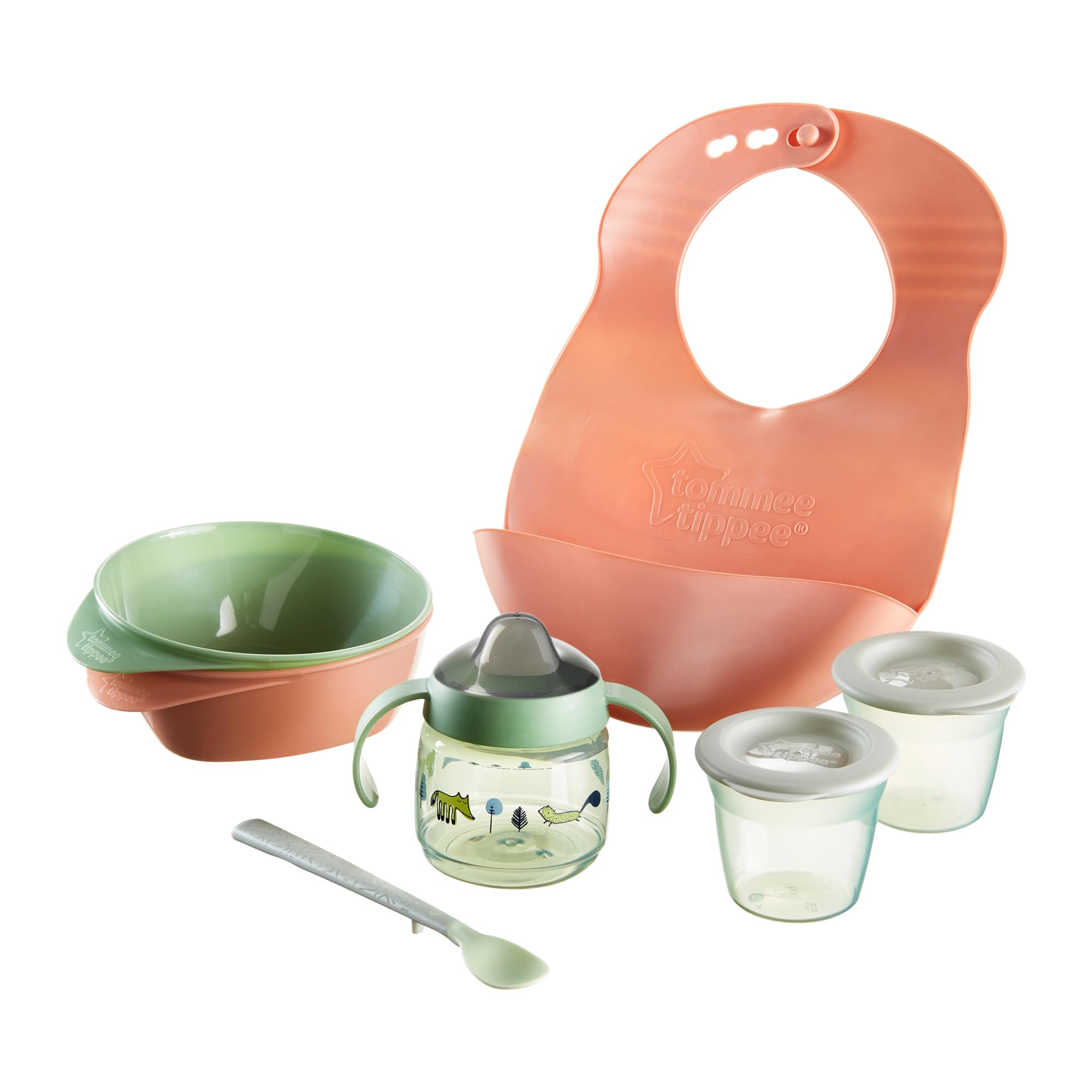 Tommee Tippee First Tastes Weaning Starter Kit, 4+ Months, Toddler Feeding Bowls and Spoons, Roll ‘n’ Go Bib, 100% Leak-Proof Weaning Sippy Cup and Food Storage Pots