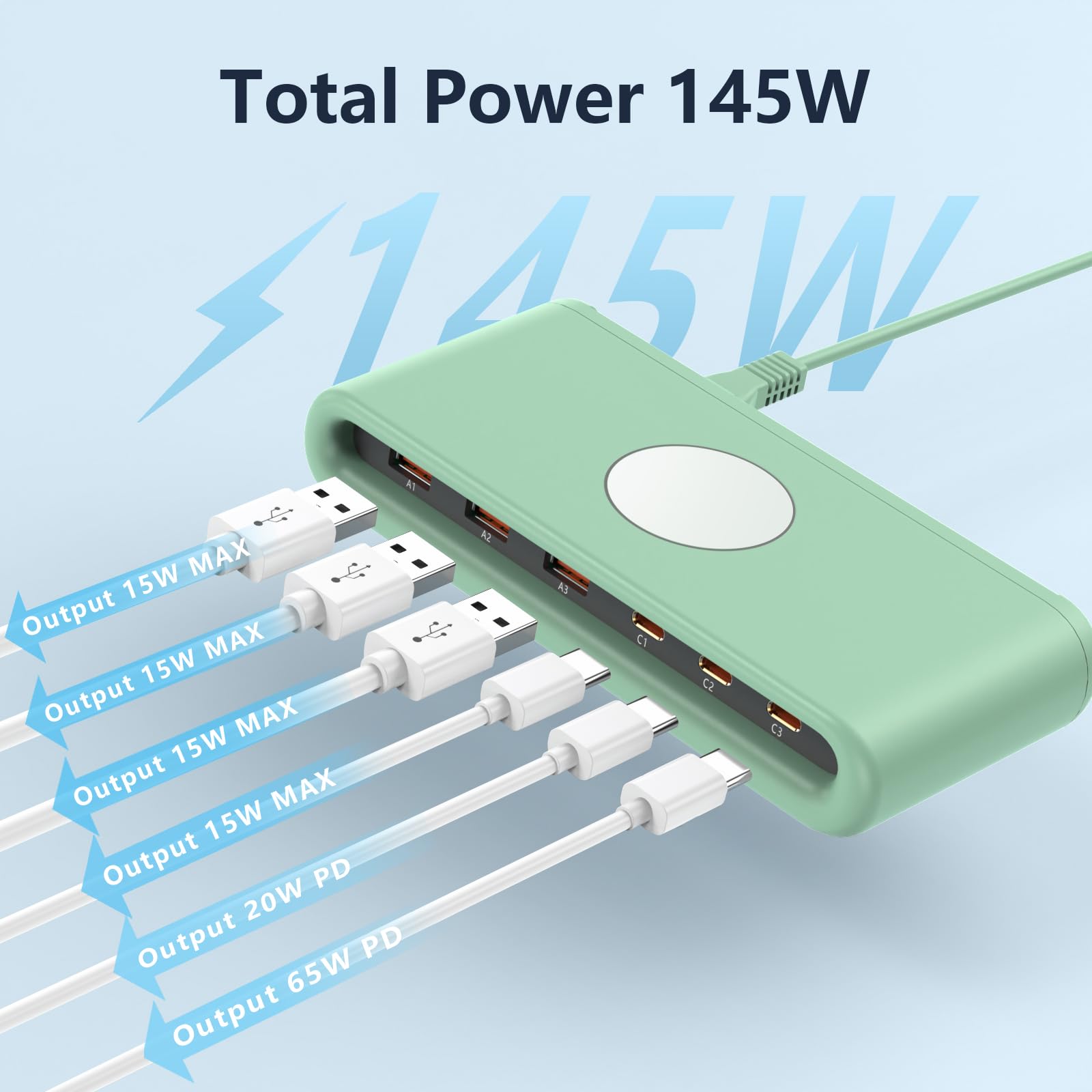 VPSUN 100W USB C Ladegerät Mehrfach für Mehrere Geräte, 6 Port Ladestation 65W USB-C Schnellladegerät für MacBook/iPhone/iPad/Samsung/Pixel/LG(Grün, 100W) 6