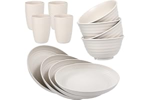Wwyybfk 12pcs Wheat Straw Dinnerware Sets, Wheat Straw Plates and Bowls Sets for 4 Microwave Dishwasher Safe Lightweight Beige