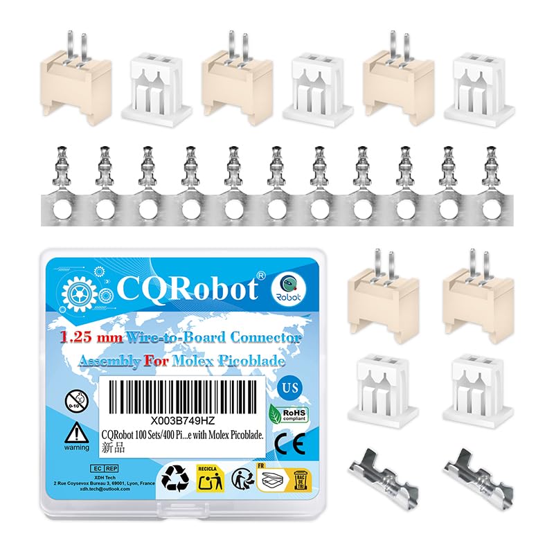 CQRobot 100 Sets/400 Pieces 1.25 mm Pitch 2-Pin Electronic Wire-to-Board Connector Adapter Cable Assembly Male Plugs, Female Sockets Housing and Crimp Terminal Kit Compatible with Molex Picoblade.