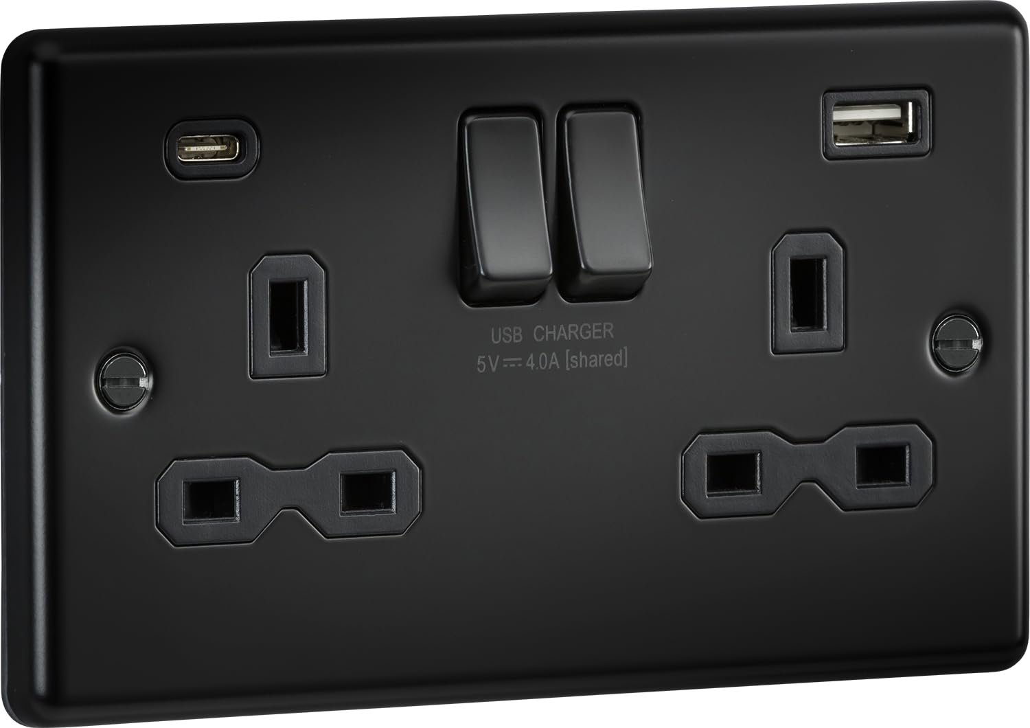 Knightsbridge 13A 2G SP Switched Socket with Dual USB C+A 5V DC 4.0A [Shared] - Matt Black with Black Insert