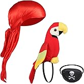 Pirate Parrot Accessory Set – Plush Shoulder Parrot, Bandana, Eye Patch & Cleaning Cloth – 3-Piece Costume Kit for Kids & Adults, Halloween, Cosplay & Dress-Up (Pirate Accesories Set 3-pack)