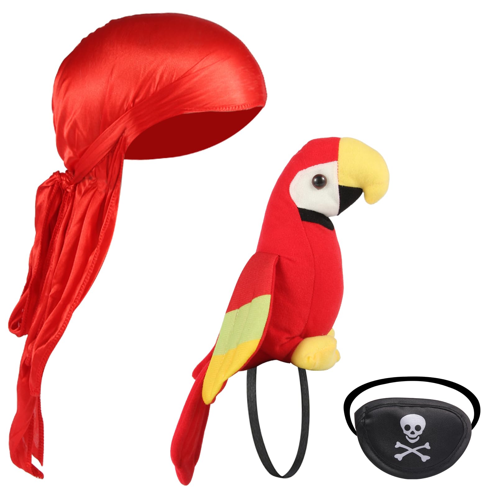 Photo 1 of Pirate Parrot Accessory Set – Plush Shoulder Parrot, Bandana, Eye Patch & Cleaning Cloth – 3-Piece Costume Kit for Kids & Adults, Halloween, Cosplay & Dress-Up (Pirate Accesories Set 3-pack)