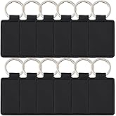 CALFOVERA 12PCS Black PU Leather Key Fob Holder Rectangular Leather Keychain Blanks with Iron Keyring Blank Double Side Key Pendant Charm Kits Bulk for DIY Craft Present Making Engraving Stamping