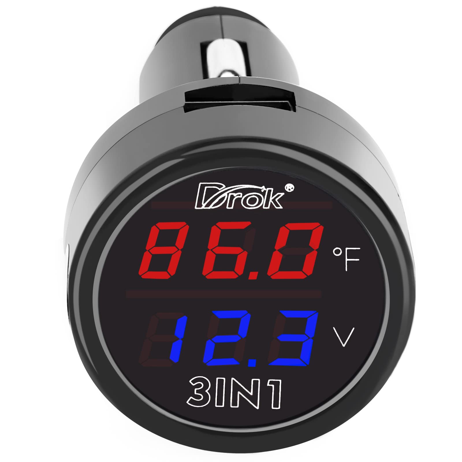 Photo 1 of DROK Digital Voltage Temperature Monitor, Car Charger USB Charge for Car Battery Voltmeter Thermometer 12V 24V Temp Volt Tester Multimeter