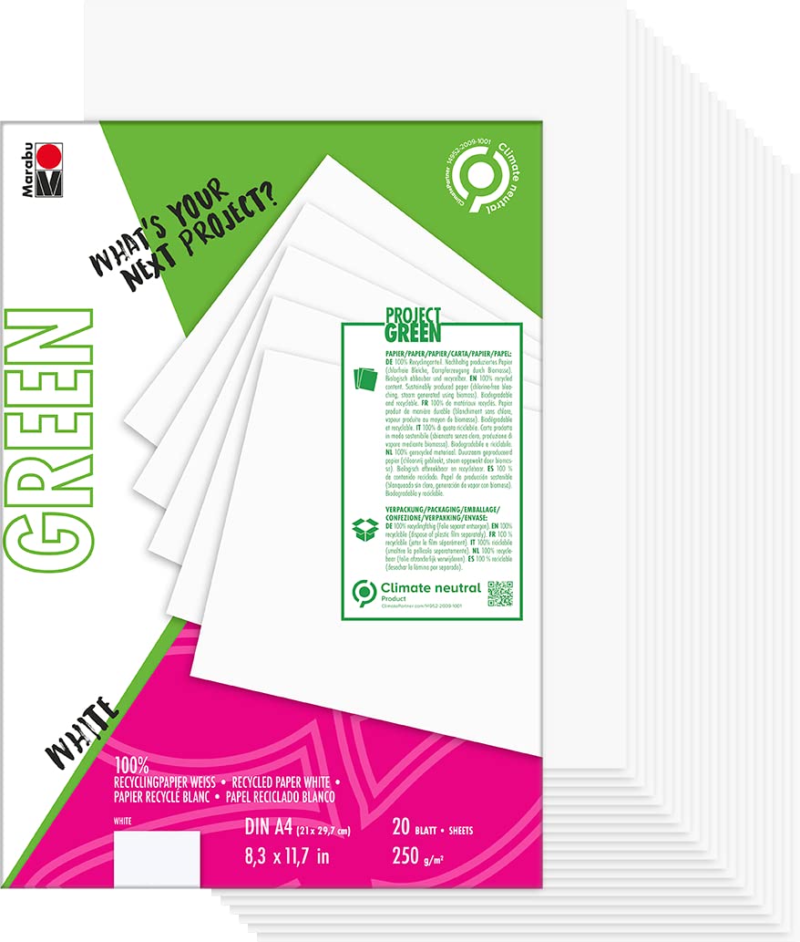 Marabu 1612000000601 Green Line 161200000601 Paper Pad DIN A4 White, 20 Sheets, Bright, 250 g/m², Acid-Free, 100% Recycled Content