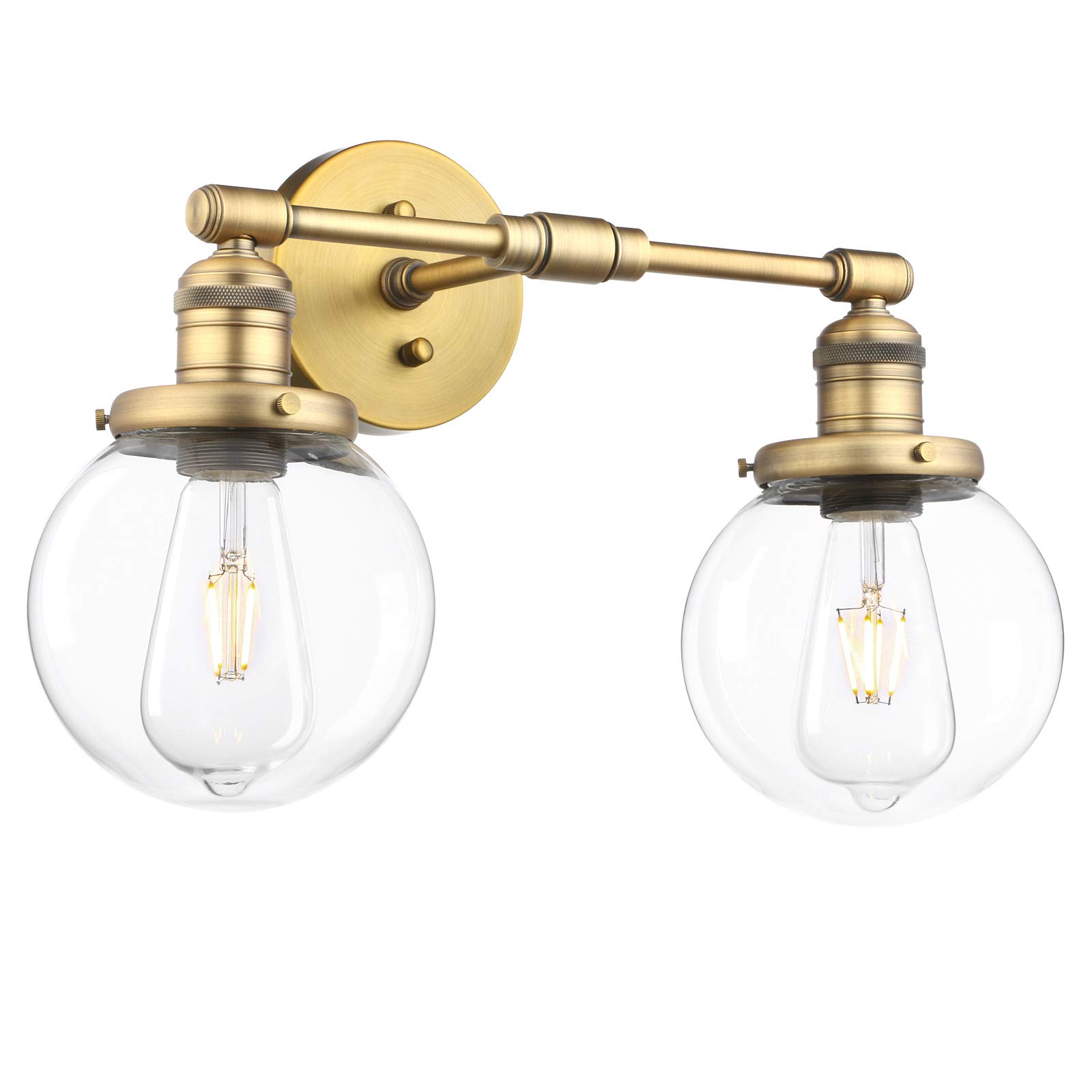 Phansthy Double Head Light Industrial Wall Lights Vintage Wall Sconces with Clear Globe Glass Shade Wall Lamp for Hallway Living Room Kitchen Dining Room Bedroom Vanity Mirror (Antique Brass)