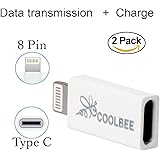 USB-C to Lightning Adapter 2-Pack, Coolbee USB Type C Female to Apple 8 Pin Lightning Male Adapter Charge Sync iPhone/iPad/iPod to Macbook 2015/Pro 2016/ the PCs with USB-C Cables - White