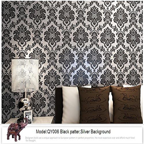 10M Vintage Classic French Modern Damask Feature Wallpaper Roll for Living Room Bedroom Tv Backdrop Black&amp;silver 0.53m10m=5.3M2