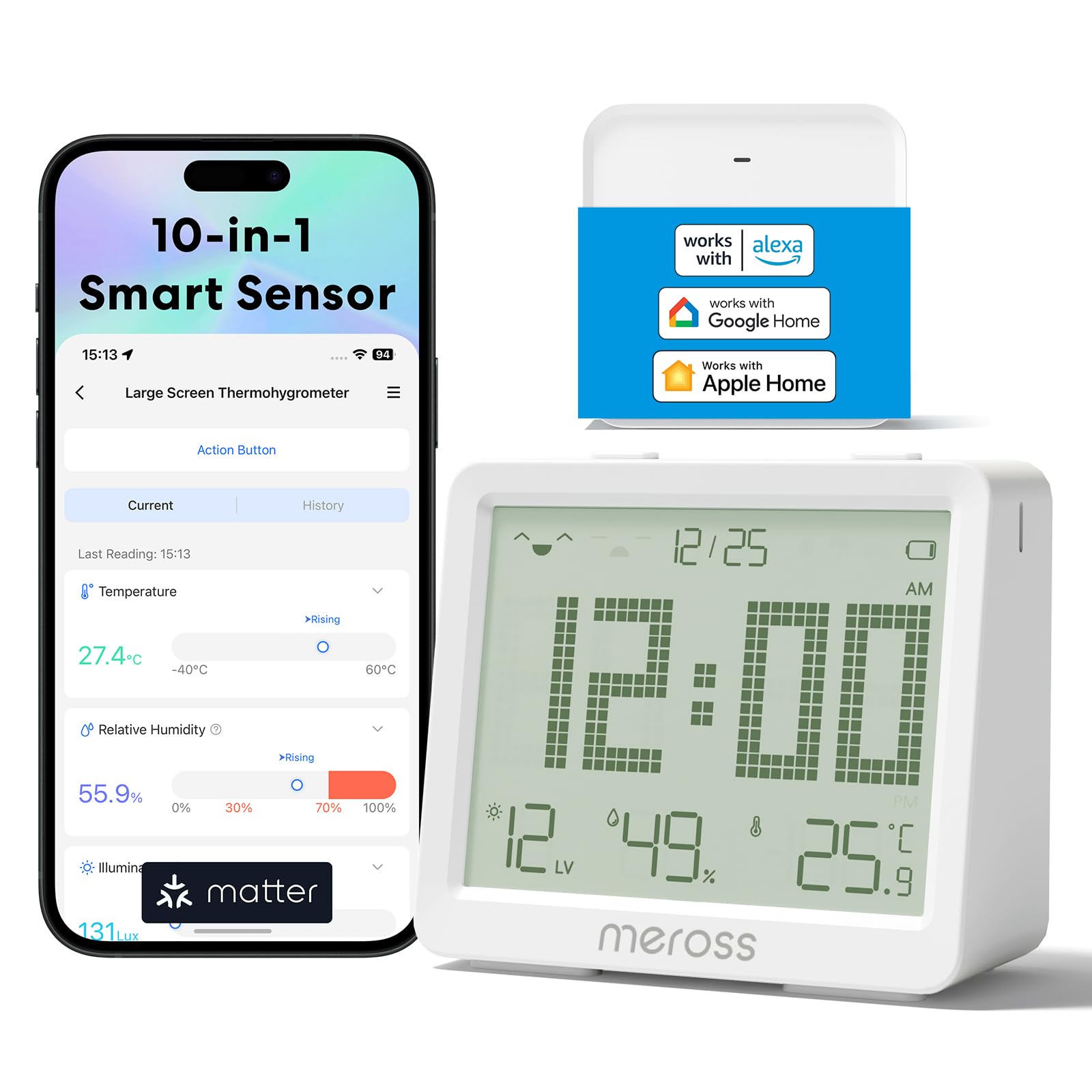 Meross 10-in-1 Matter Hygrometer Thermometer Innen, WLAN Wetterstation Ausgestattet mit Benachrichtigung, Smart LCD Temperatursensor und Matter Hub, Kompatibel mit Apple HomeKit, Alexa, Google Home