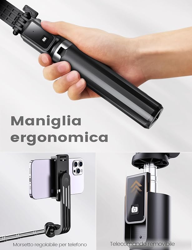 Bastone Selfie Treppied 106CM, ANXR Treppiede Smartphone con Telecomando Staccabile Compatibile con iPhone 15 14 13 Samsung Android Gopro