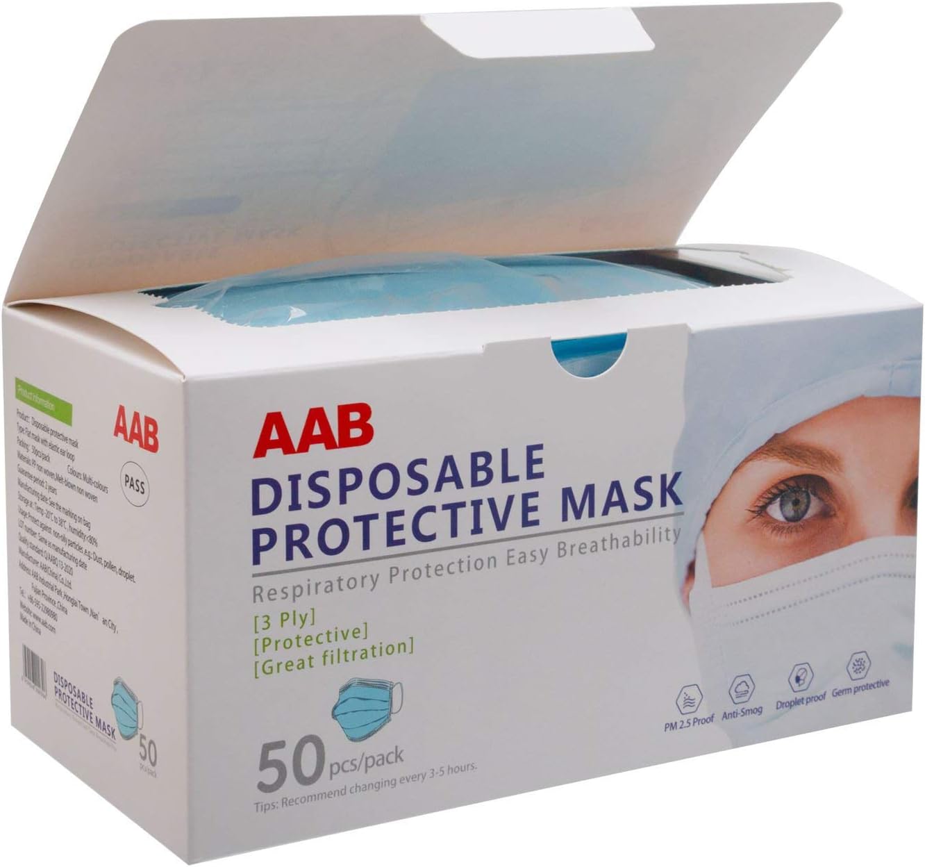 3-Ply Ear Loop Face Masks - 50 count box - Disposable - Face Protection PPE - Breathable & Comfortable Safety Mask