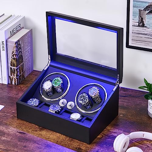 ANWBROAD ANWBROAD Watch Winder for Automatic Watches 4 Watch Rotator and 6 Extra Storages with Super Quiet Mabuchi Motor and LED Backlight Turner Carbon Fiber Shaker 5 Rotating Modes USB UJWW002F