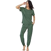 Joyaria Women's Bamboo Viscose Pajamas Short Sleeve Round Neck Top & Jogger Pajama Pants with Pocket S-XXL