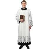 ANDHOM Catholic White Clergy Surplice with Decorative Lace Trim, Full Length Religious Vestment, Long Sleeve Regular Fit