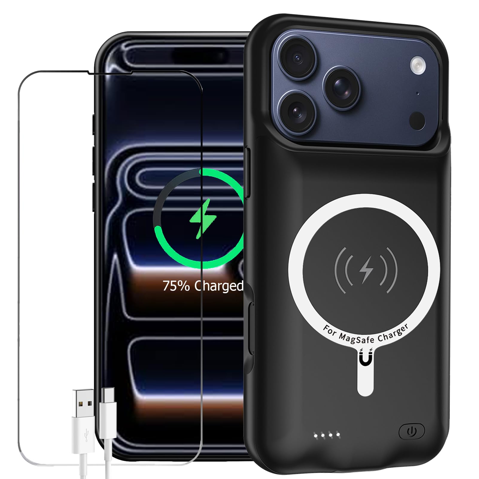 Battery Case for iPhone 17 Pro, Enhanced 10000mAh Portable Protective Wireless Charging Case Support Carplay Compatible with iPhone 17 Pro (6.3 inch) Rechargeable Extended Battery Charger Clip(Black)