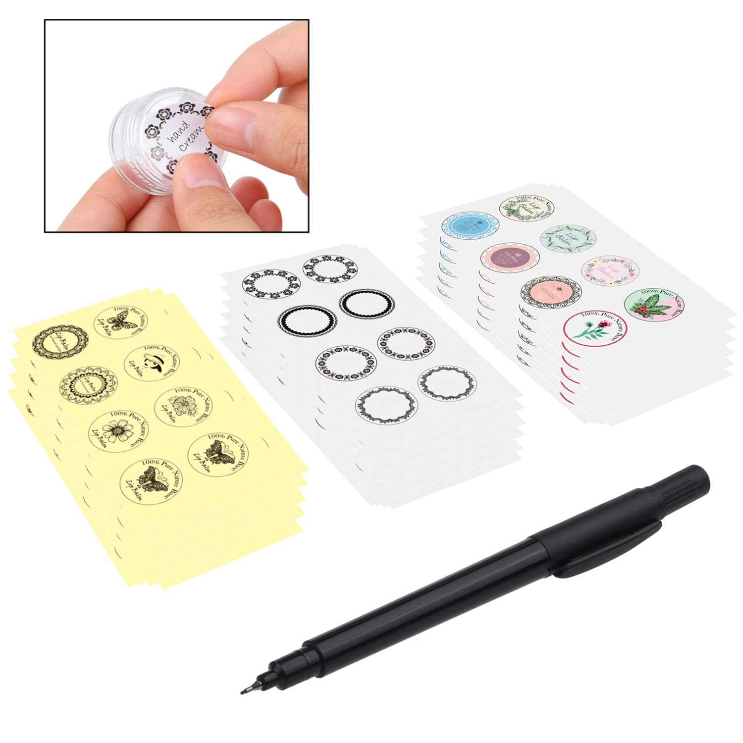 Labels for Lip Balm Container Jars - Value Pack of 600 Stickers - 200 Writable and 400 Printed Stickers - Self Adhesive - Easy to Peel, Apply and Remove - Fineliner Pen Included for Label Writing
