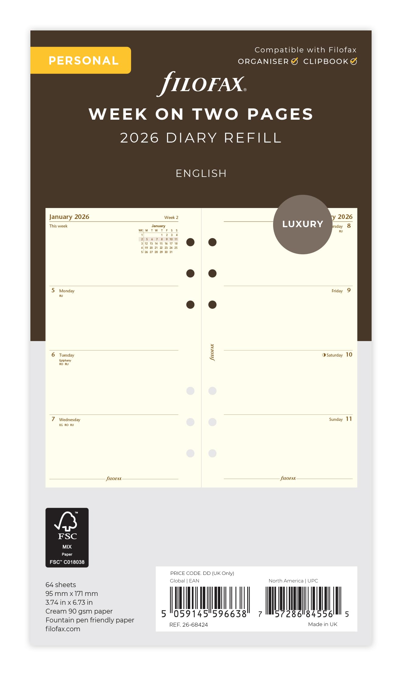 Photo 1 of Filofax Personal week on two pages cotton cream English 2026 diary 26-68424